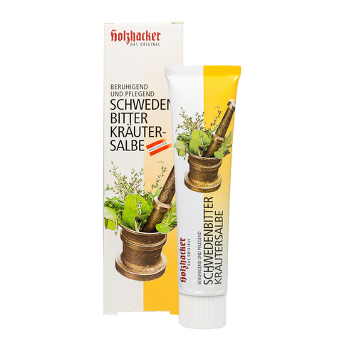 Holzhacker Schwedenbitter Kräutersalbe 75 ml Tube - beruhigend und pflegend. Foto mit Kräutersalbe und Umkarton. | Naturpräparate Dieterich