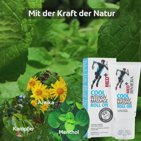 Riviera MED+ COOL Intensiv Massage Roll On 150 ml - mit der Kraft der Natur durch die natürlichen Inhaltsstoffe Arnika, Kampfer, Menthol. Video mit Menthol, Kampfer und Arnika | Naturpräparate Dieterich
