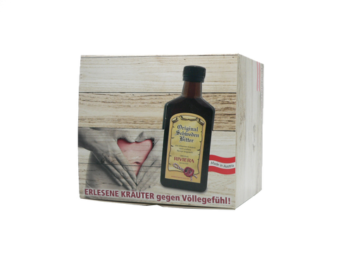 Riviera Schweden Kräuter Elixier 50 ml Display 15 Stk. - Bild im verschlossenen Zustand mit Foto der Flasche | Naturpräparate Dieterich