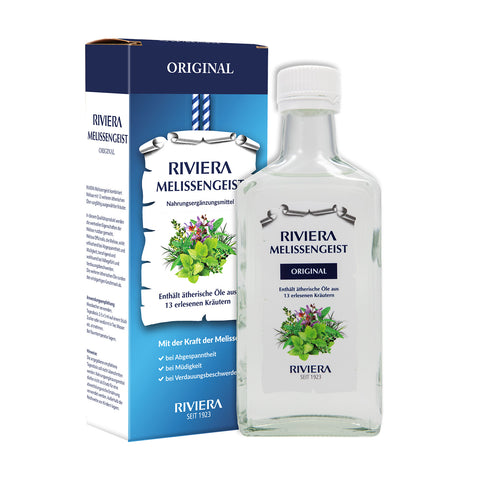 Riviera Melissengeist 250 ml Glasflasche - enthält ätherische Öle aus 13 erlesenen Kräutern. Foto mit Melissengeist und Umkarton. | Naturpräparate Dieterich
