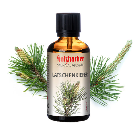 Holzhacker Sauna Aufguss-Öl Latschenkiefer 60 ml Glasflasche - Bergfrische für Zuhause: vielseitiges Latschenkieferöl für Sauna & als Raumduft! | Naturpräparate Dieterich